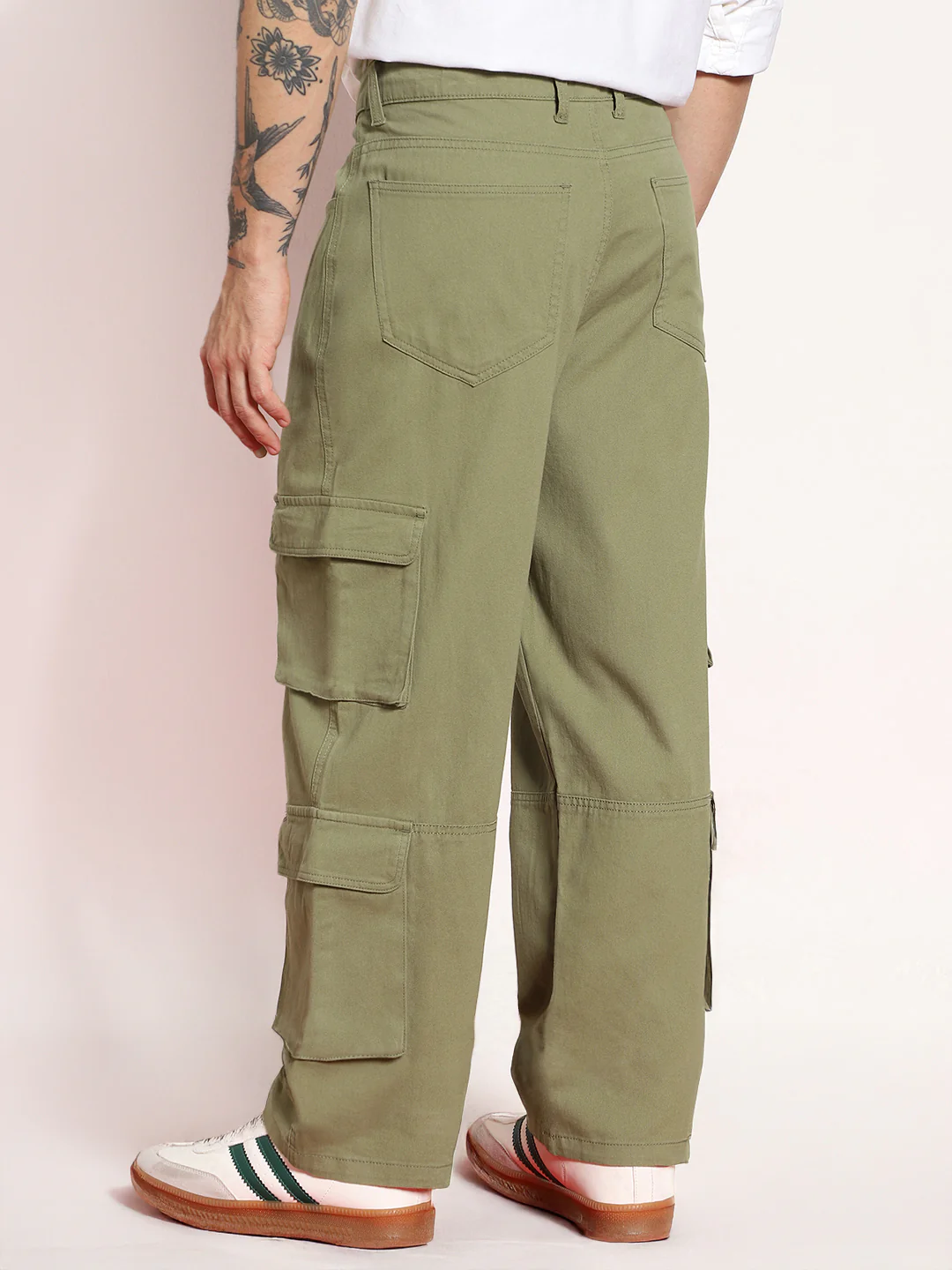 Men's Light Olive Loose Baggy Fit Cargo Chino Pant with 8 Pockets Stretchable - Image 3