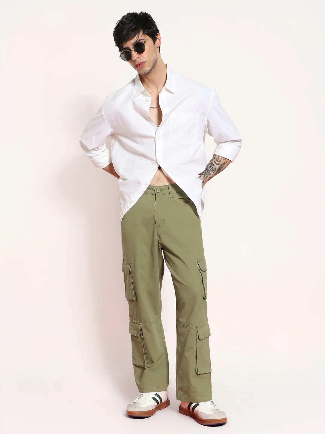 Men's Light Olive Loose Baggy Fit Cargo Chino Pant with 8 Pockets Stretchable - Image 4