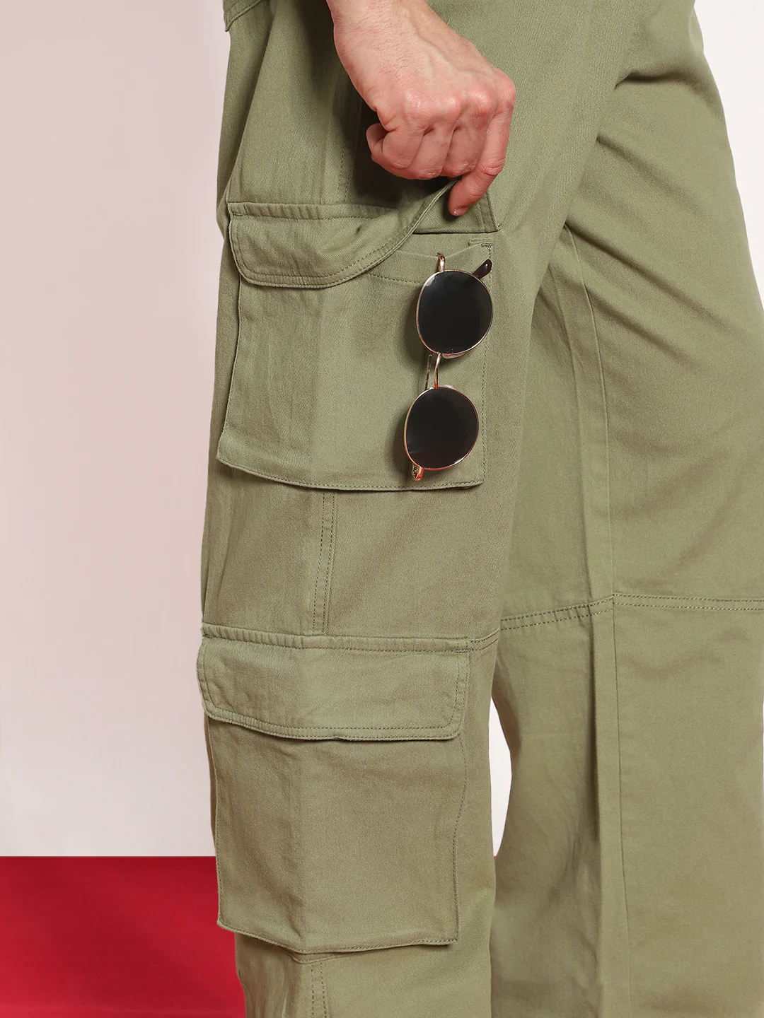 Men's Light Olive Loose Baggy Fit Cargo Chino Pant with 8 Pockets Stretchable - Image 5