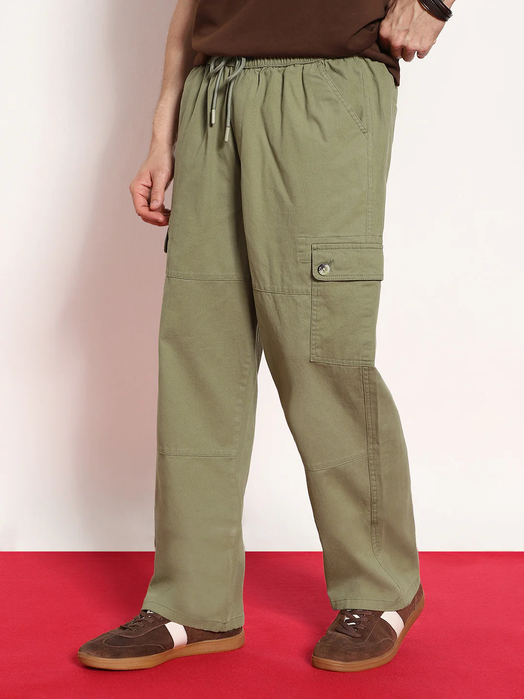 Men's Light Olive Loose Baggy Fit Cargo Jogger Chino Pant with 6 Pockets Stretchable