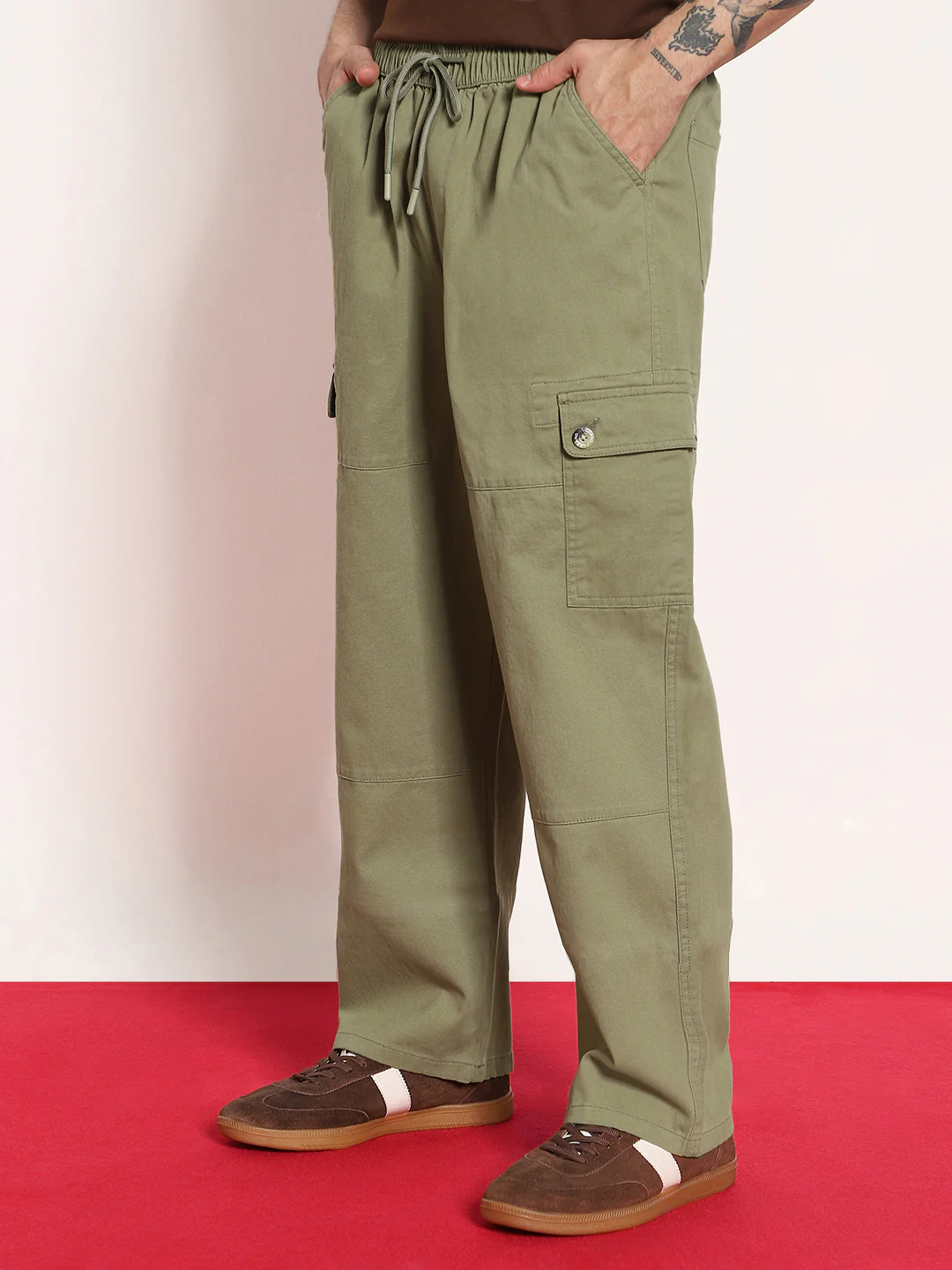 Men's Light Olive Loose Baggy Fit Cargo Jogger Chino Pant with 6 Pockets Stretchable - Image 2