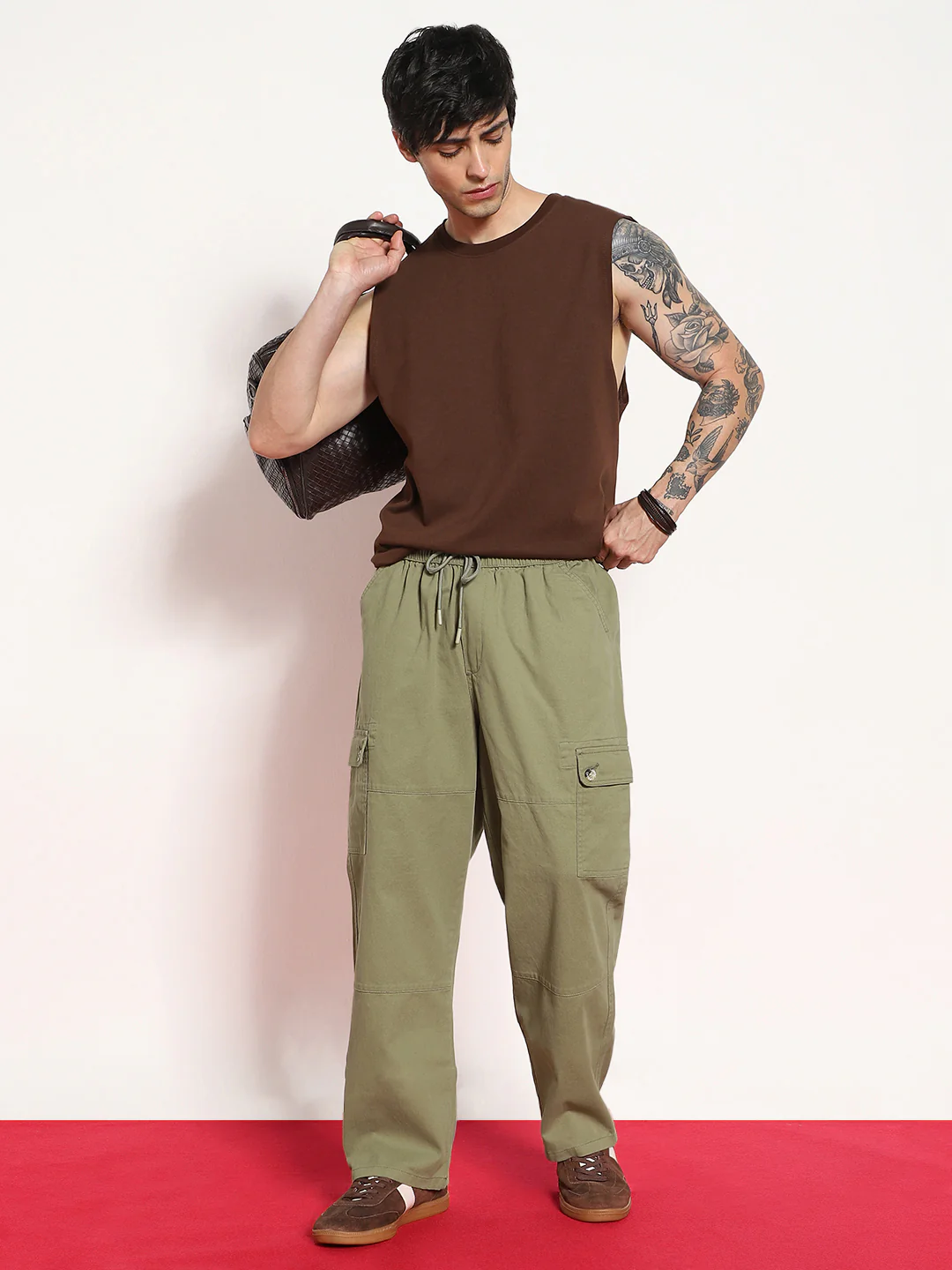 Men's Light Olive Loose Baggy Fit Cargo Jogger Chino Pant with 6 Pockets Stretchable - Image 4