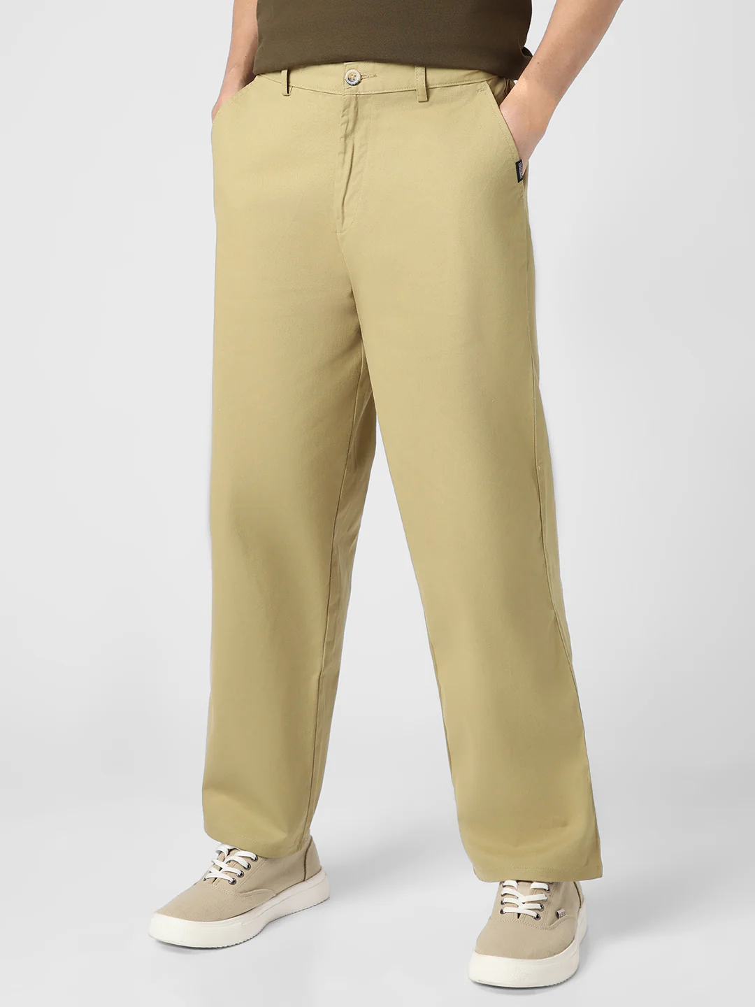 Men's Light Olive Loose Baggy Fit Solid Chino Trousers Non-Stretchable - Image 3