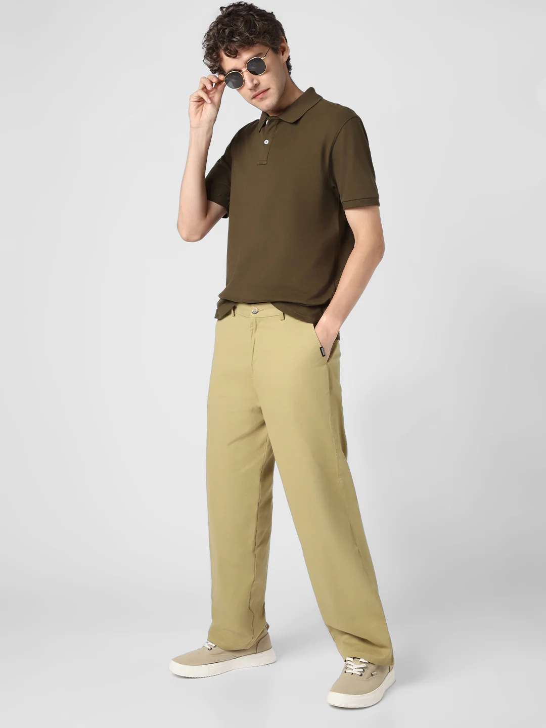 Men's Light Olive Loose Baggy Fit Solid Chino Trousers Non-Stretchable - Image 5