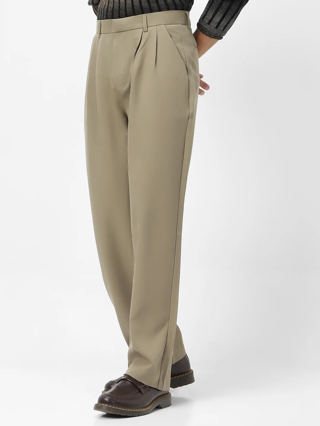 Men's Light Olive Loose Baggy Fit Solid Korean Pants Stretchable - Image 2