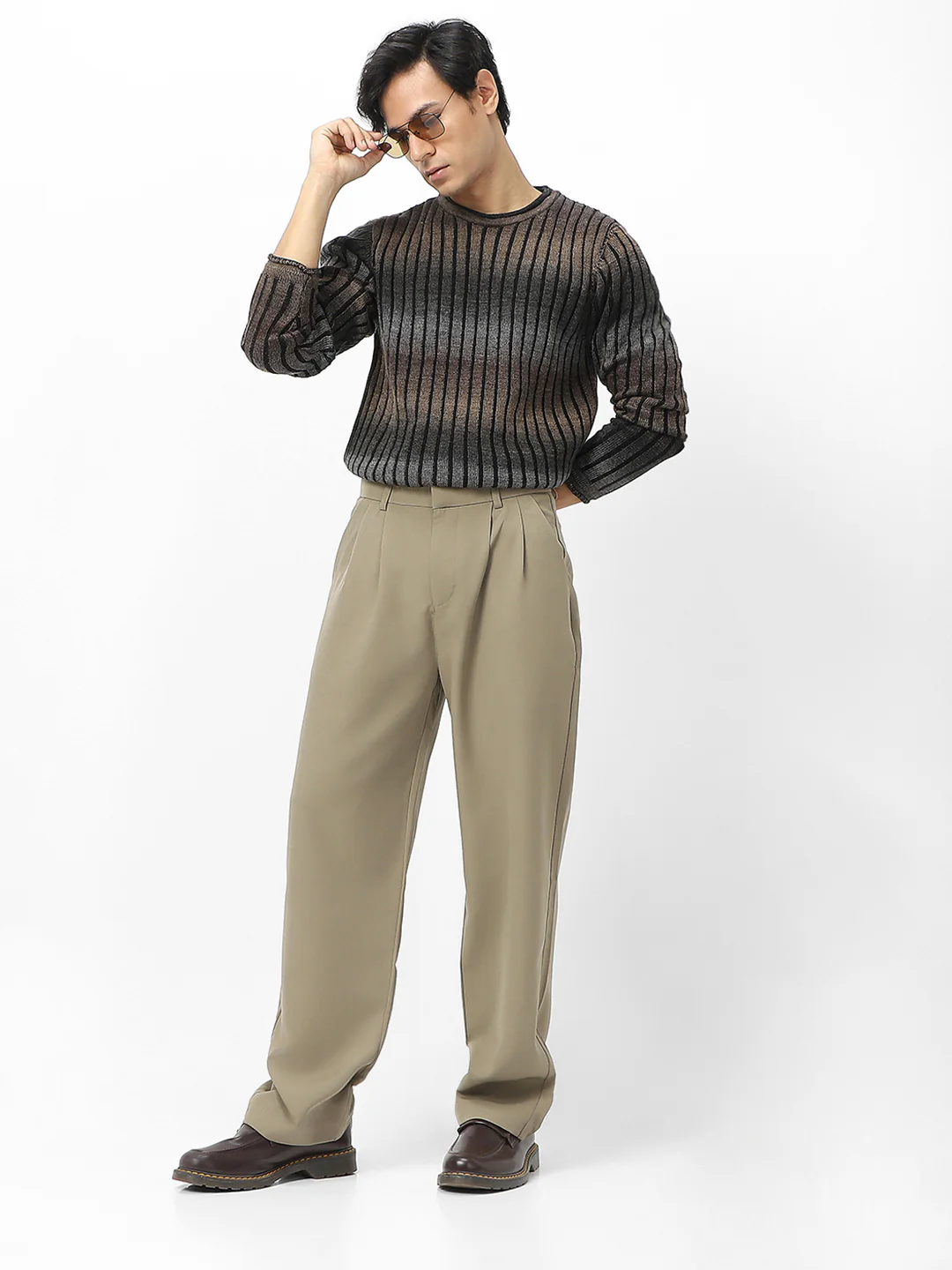 Men's Light Olive Loose Baggy Fit Solid Korean Pants Stretchable - Image 4