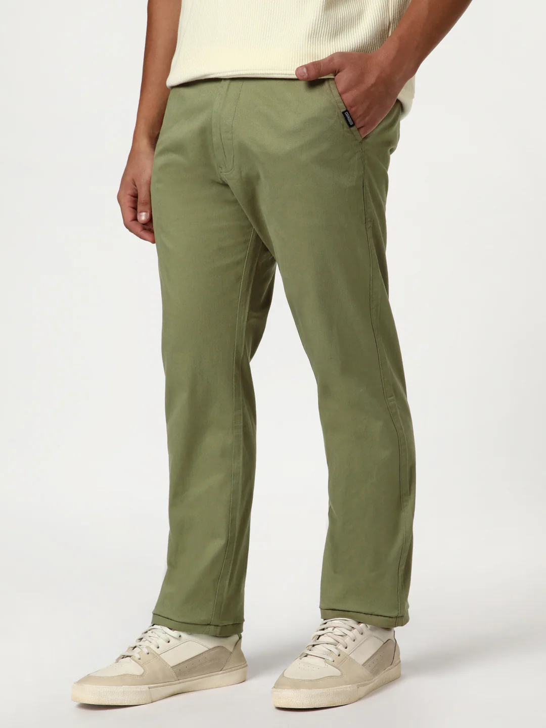 Men's Light Olive Straight Fit Mid Rise Cotton Casual Chinos Trousers Stretch - Image 2