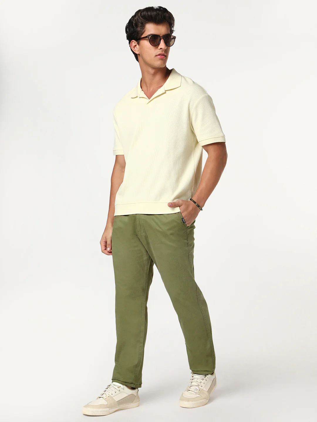 Men's Light Olive Straight Fit Mid Rise Cotton Casual Chinos Trousers Stretch - Image 4
