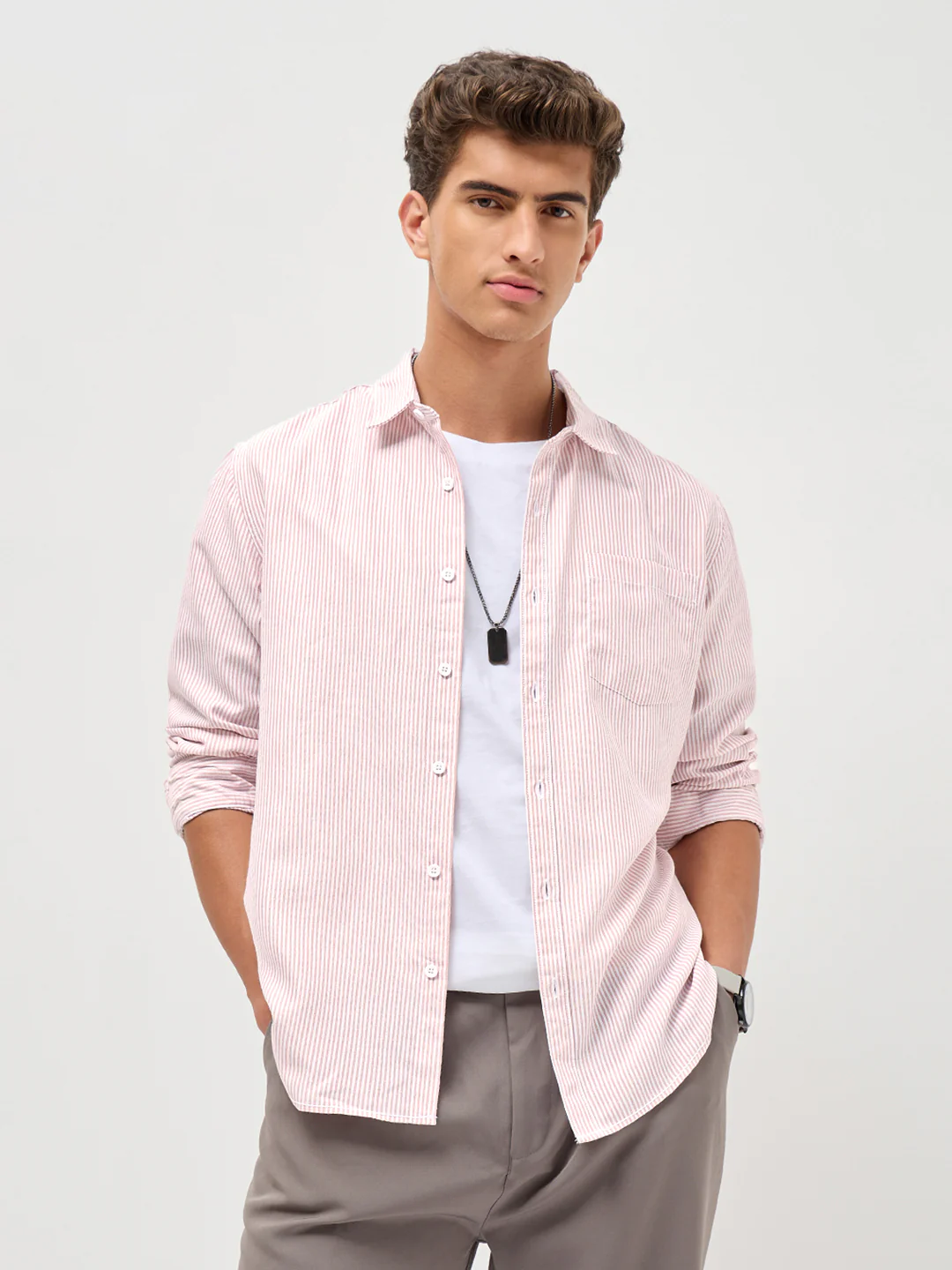 Men's Light Pink Cotton Full Sleeve Regular Fit Casual Striped Shirt - Image 2