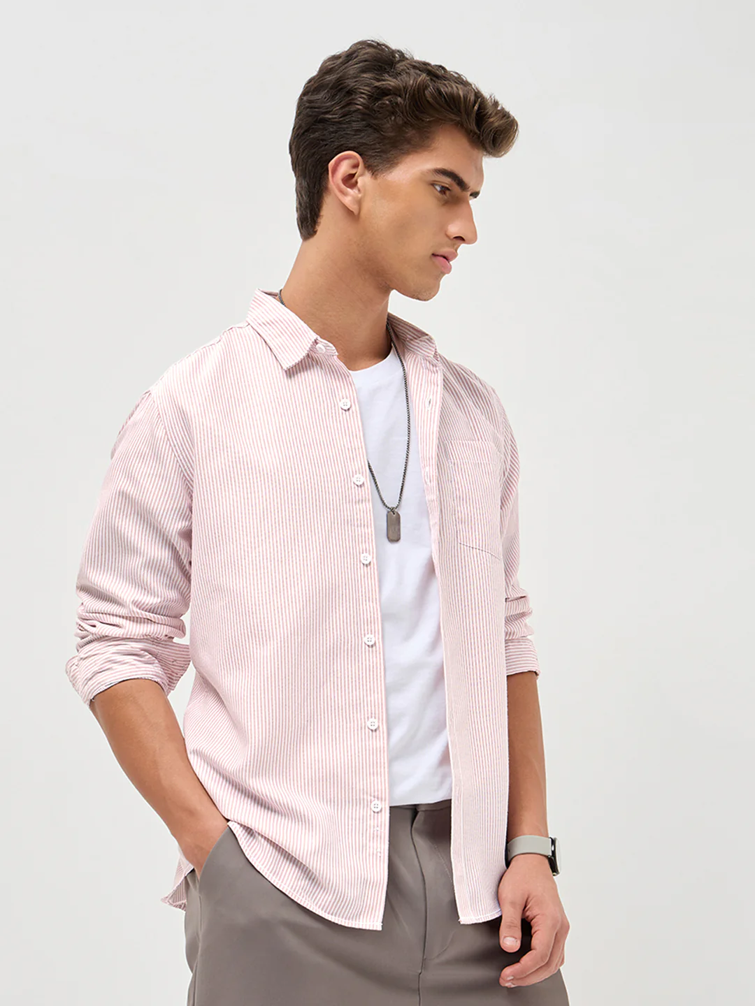 Men's Light Pink Cotton Full Sleeve Regular Fit Casual Striped Shirt - Image 3