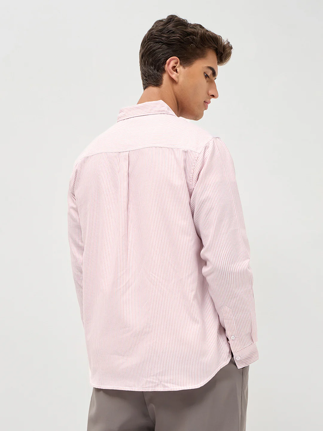 Men's Light Pink Cotton Full Sleeve Regular Fit Casual Striped Shirt - Image 4