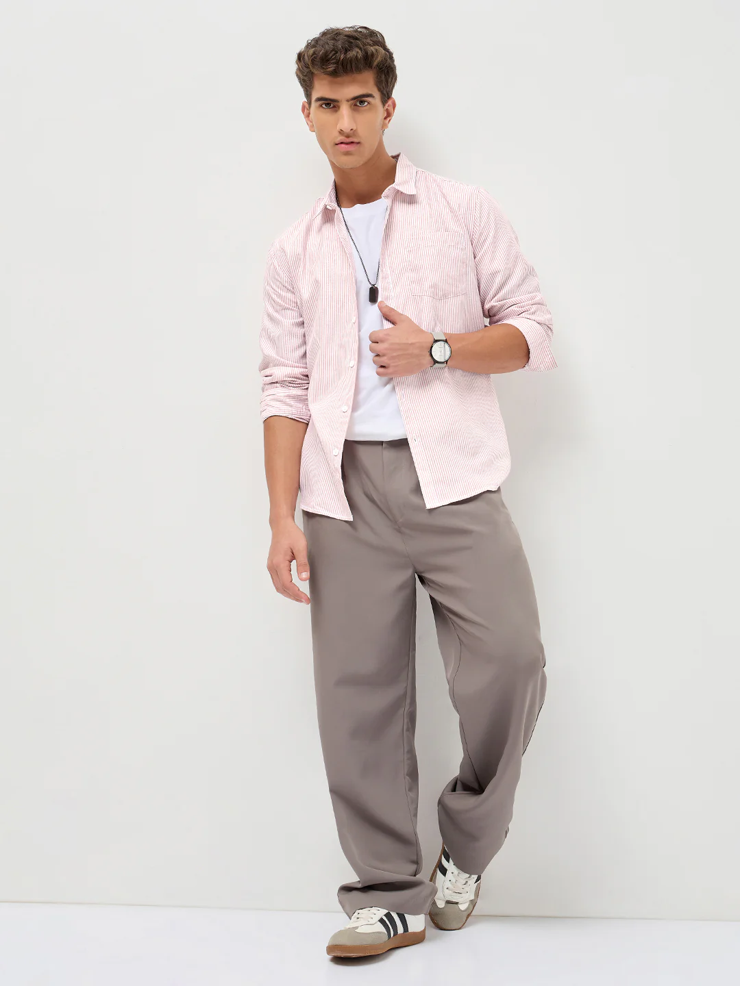 Men's Light Pink Cotton Full Sleeve Regular Fit Casual Striped Shirt - Image 5