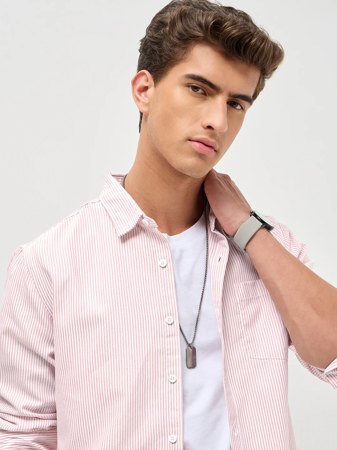 Men's Light Pink Cotton Full Sleeve Regular Fit Casual Striped Shirt - Image 6