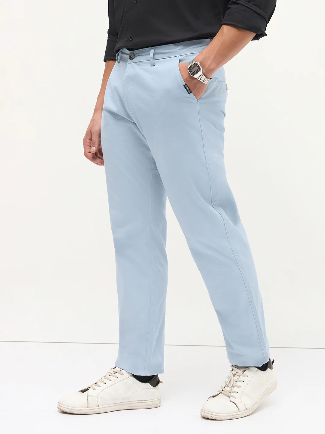 Men's Light Sky Blue Cotton Regular Fit Casual Chinos Trousers Stretch - Image 2