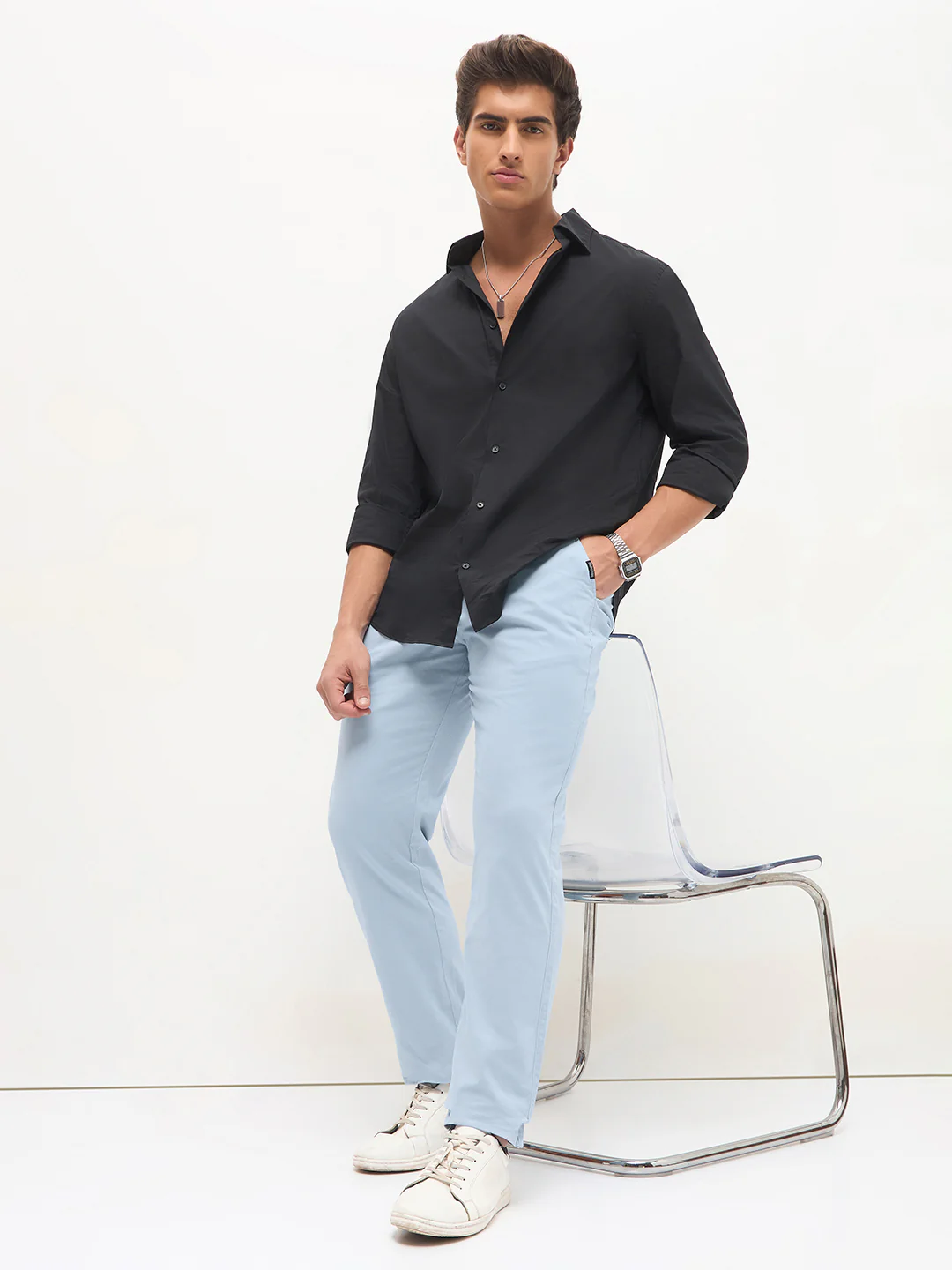 Men's Light Sky Blue Cotton Regular Fit Casual Chinos Trousers Stretch - Image 4