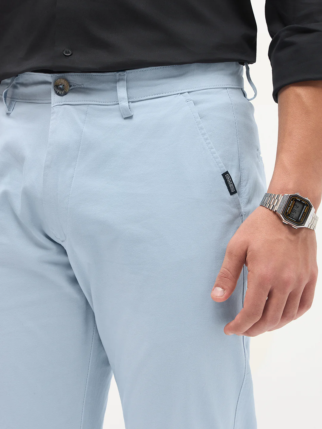 Men's Light Sky Blue Cotton Regular Fit Casual Chinos Trousers Stretch - Image 5
