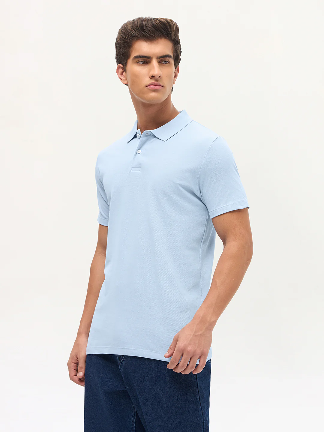 Men's Light Sky Blue Solid Regular Fit Half Sleeve Cotton Polo T-Shirt - Image 3