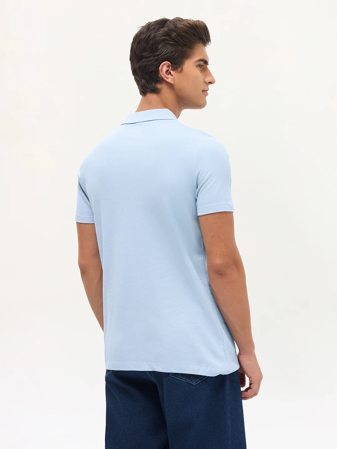Men's Light Sky Blue Solid Regular Fit Half Sleeve Cotton Polo T-Shirt - Image 4