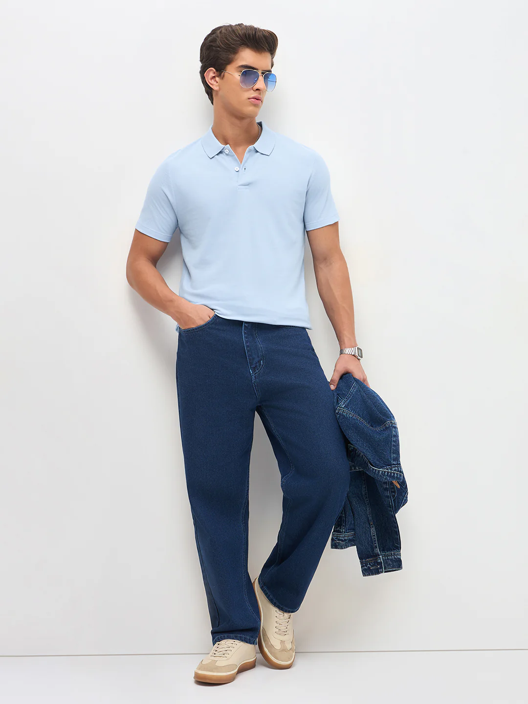 Men's Light Sky Blue Solid Regular Fit Half Sleeve Cotton Polo T-Shirt - Image 5