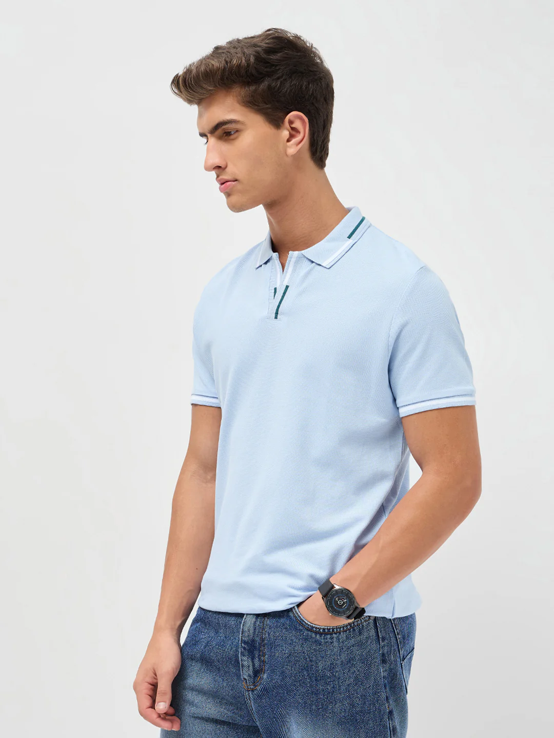 Men's Light Sky Blue Solid Regular Fit Half Sleeve Cotton Polo T-Shirt - Image 2