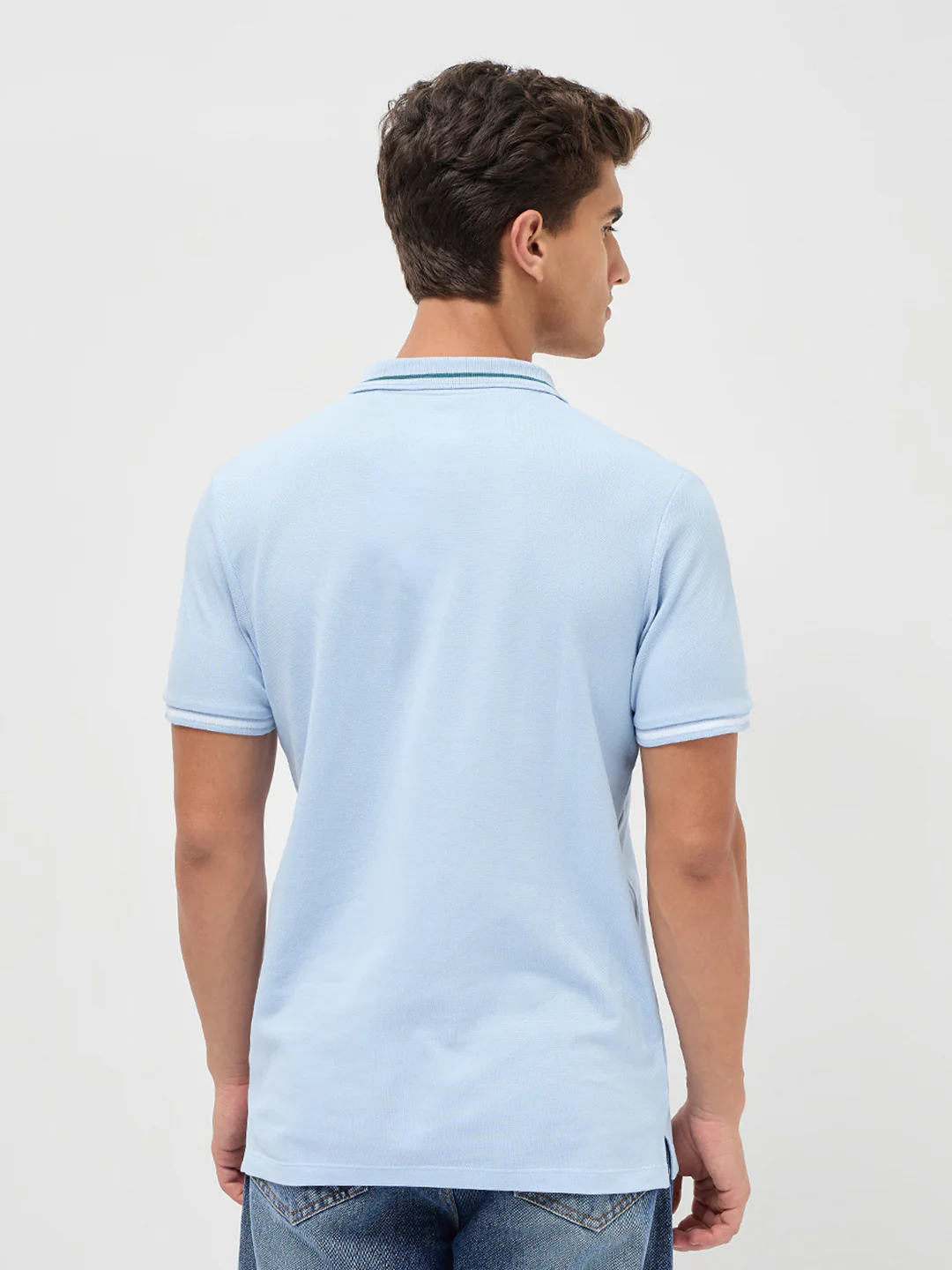 Men's Light Sky Blue Solid Regular Fit Half Sleeve Cotton Polo T-Shirt - Image 3