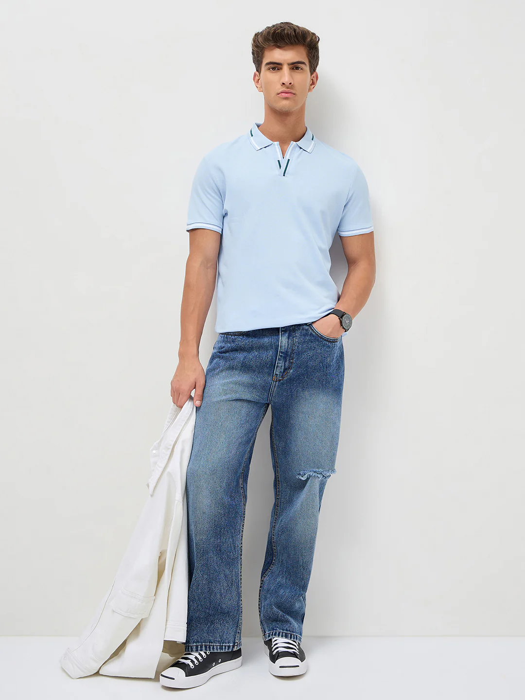 Men's Light Sky Blue Solid Regular Fit Half Sleeve Cotton Polo T-Shirt - Image 4