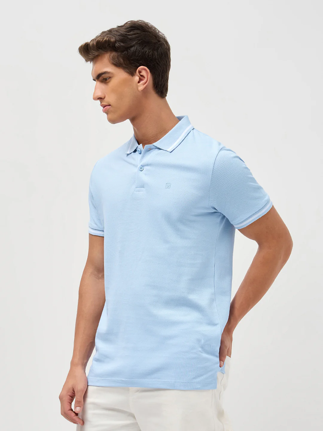 Men's Light Sky Blue Solid Regular Fit Half Sleeve Cotton Polo T-Shirt - Image 2