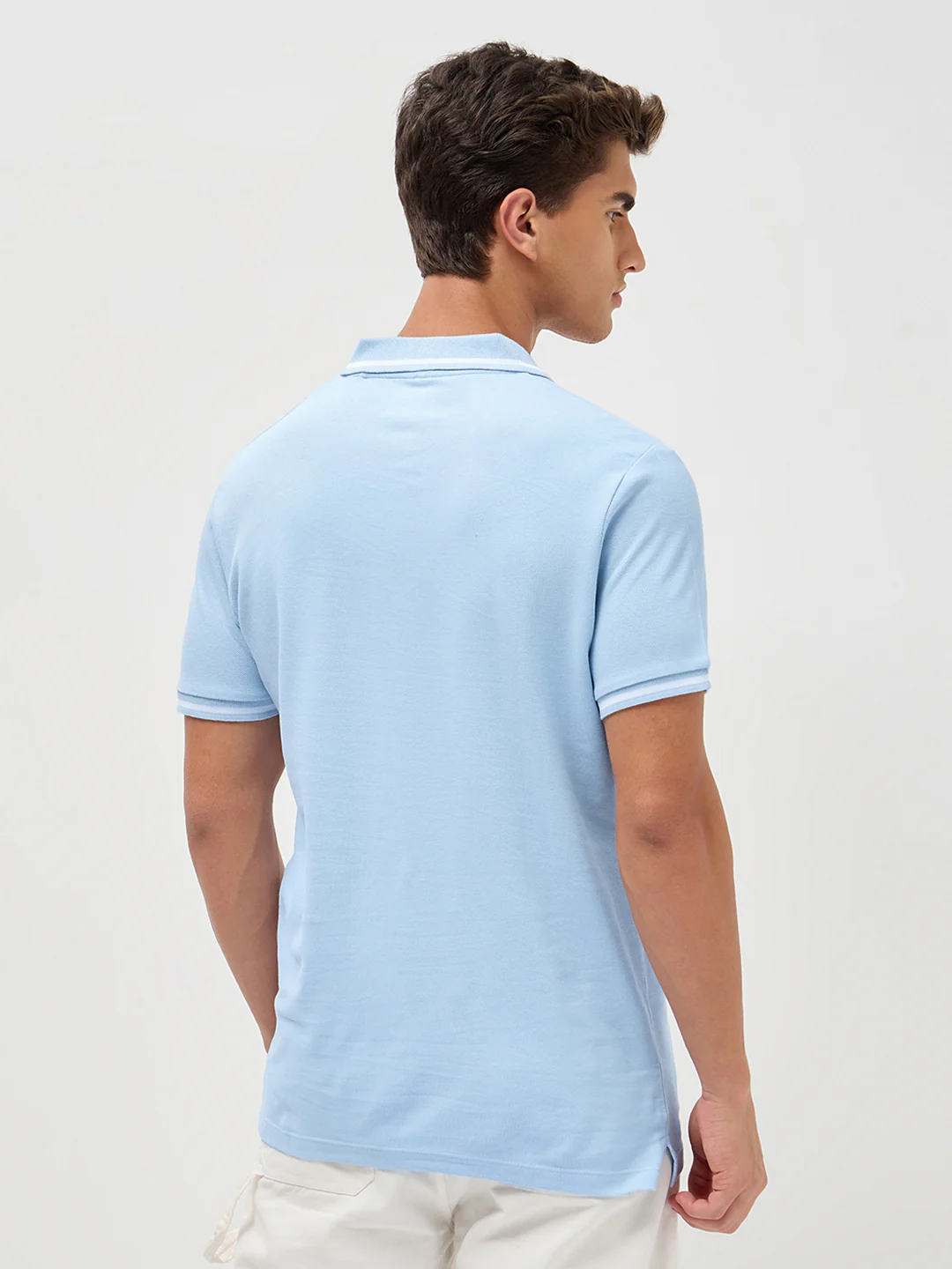 Men's Light Sky Blue Solid Regular Fit Half Sleeve Cotton Polo T-Shirt - Image 3