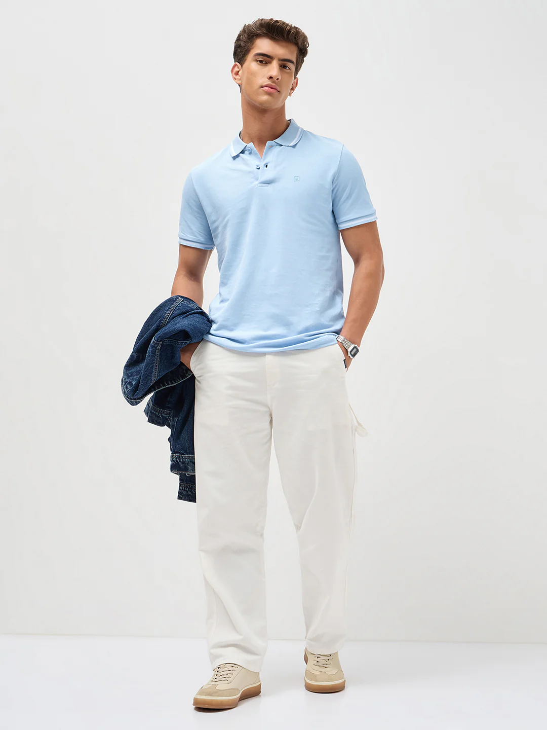 Men's Light Sky Blue Solid Regular Fit Half Sleeve Cotton Polo T-Shirt - Image 4