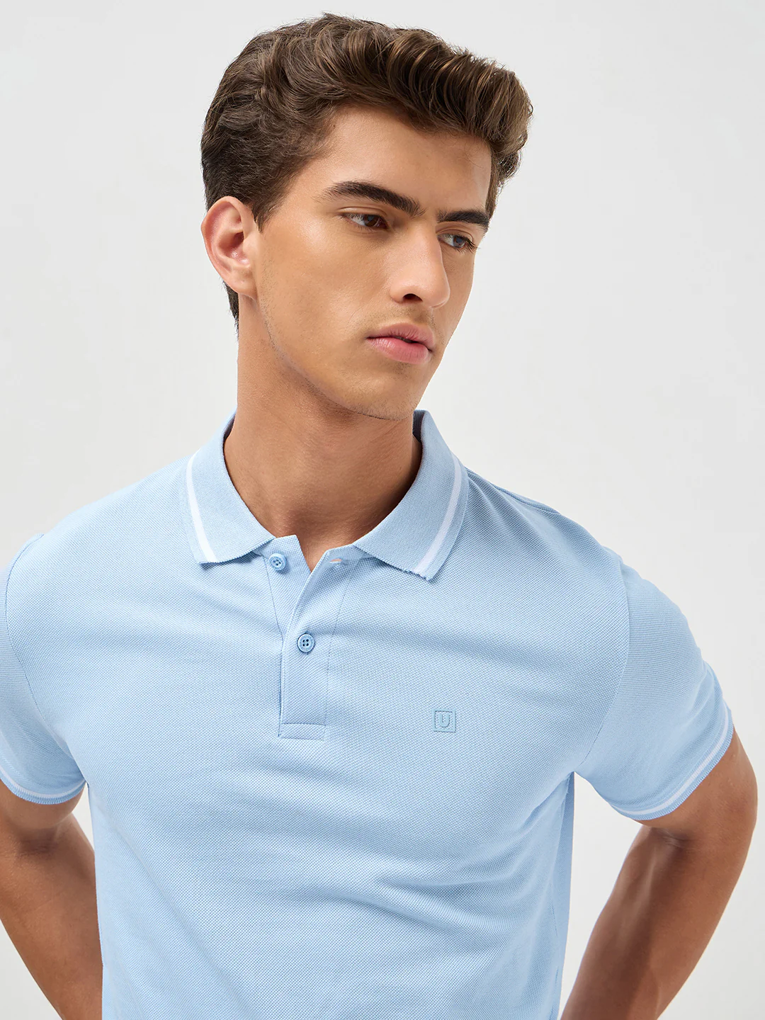 Men's Light Sky Blue Solid Regular Fit Half Sleeve Cotton Polo T-Shirt - Image 5