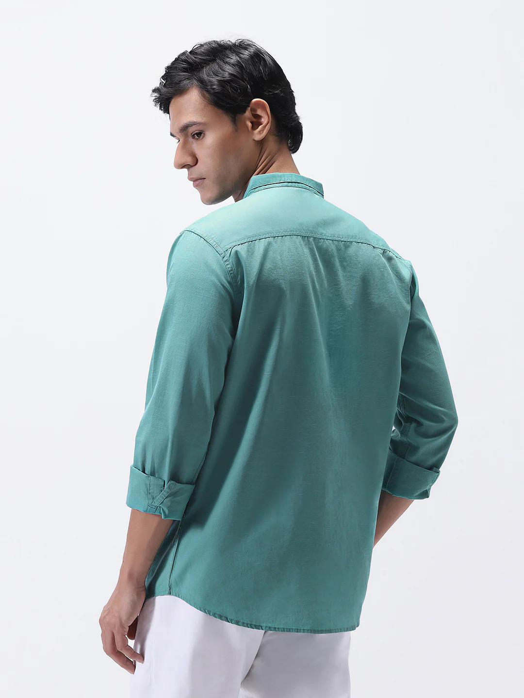 Men's Light Teal Cotton Full Sleeve Regular Fit Casual Solid Shirt with Band Collar - Image 3