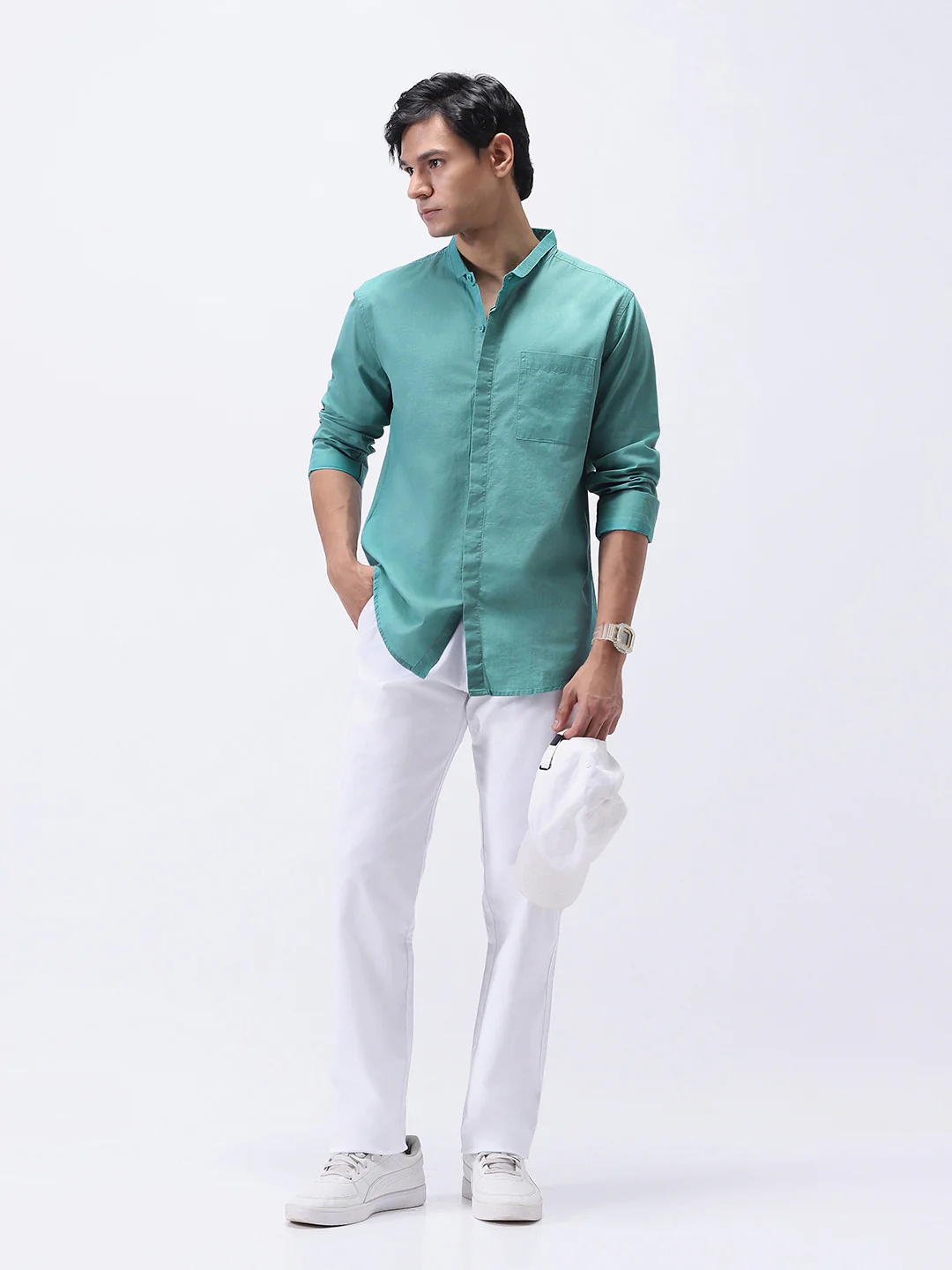 Men's Light Teal Cotton Full Sleeve Regular Fit Casual Solid Shirt with Band Collar - Image 4