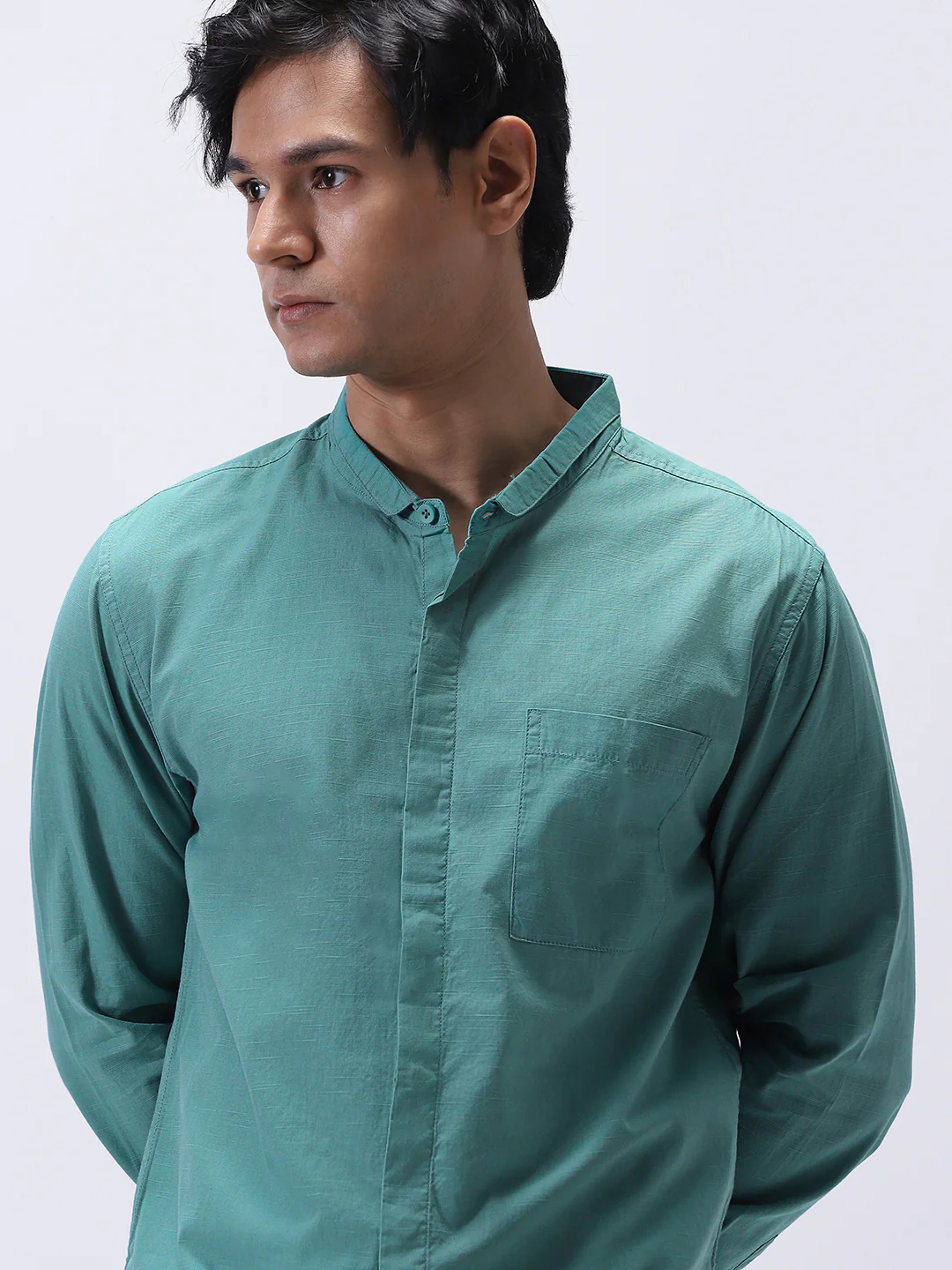 Men's Light Teal Cotton Full Sleeve Regular Fit Casual Solid Shirt with Band Collar - Image 5