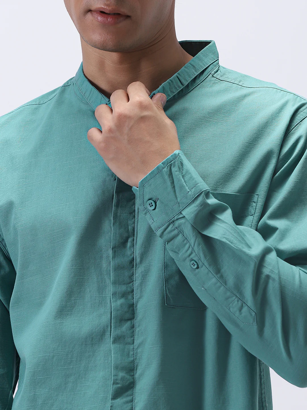 Men's Light Teal Cotton Full Sleeve Regular Fit Casual Solid Shirt with Band Collar - Image 6