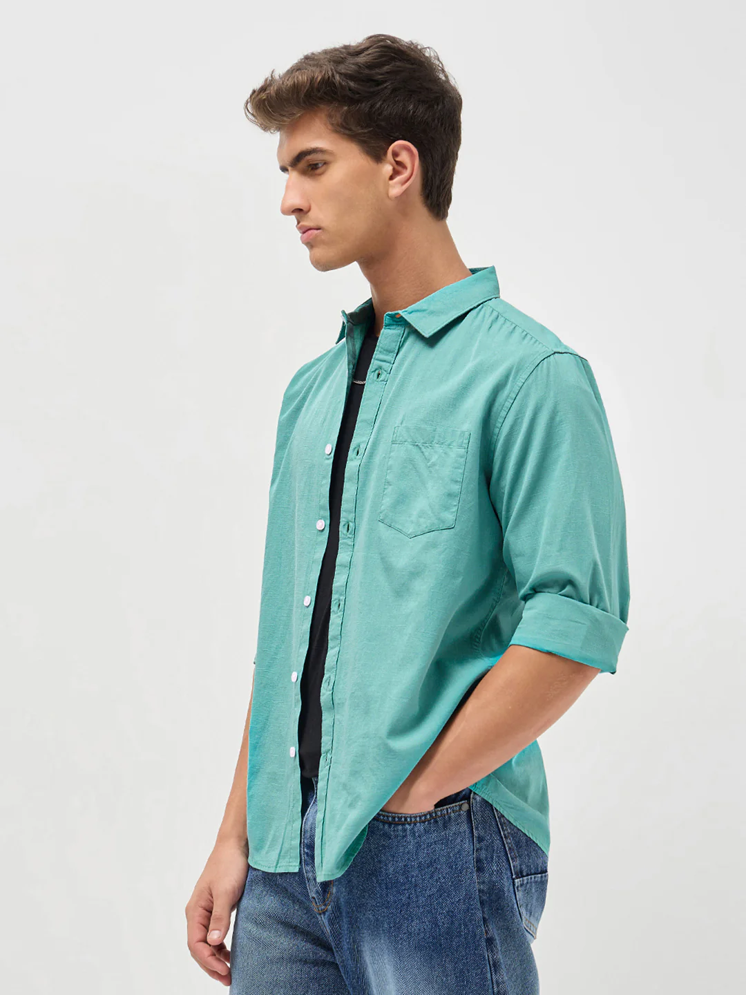 Men's Light Teal Cotton Full Sleeve Regular Fit Casual Solid Slub Shirt with Spread Collar - Image 2