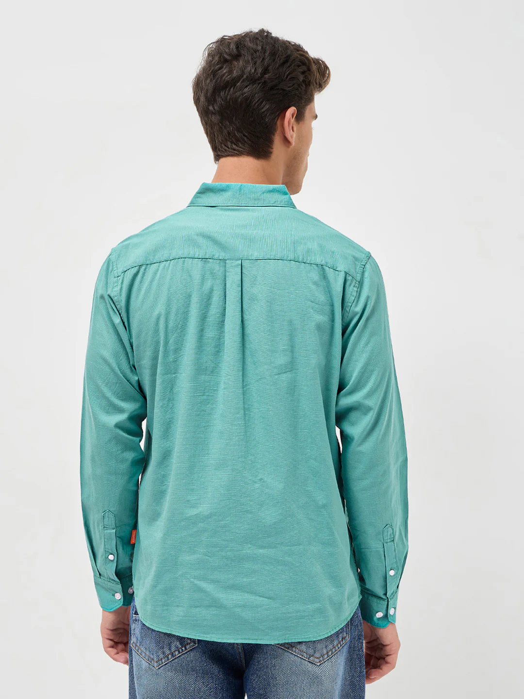 Men's Light Teal Cotton Full Sleeve Regular Fit Casual Solid Slub Shirt with Spread Collar - Image 3
