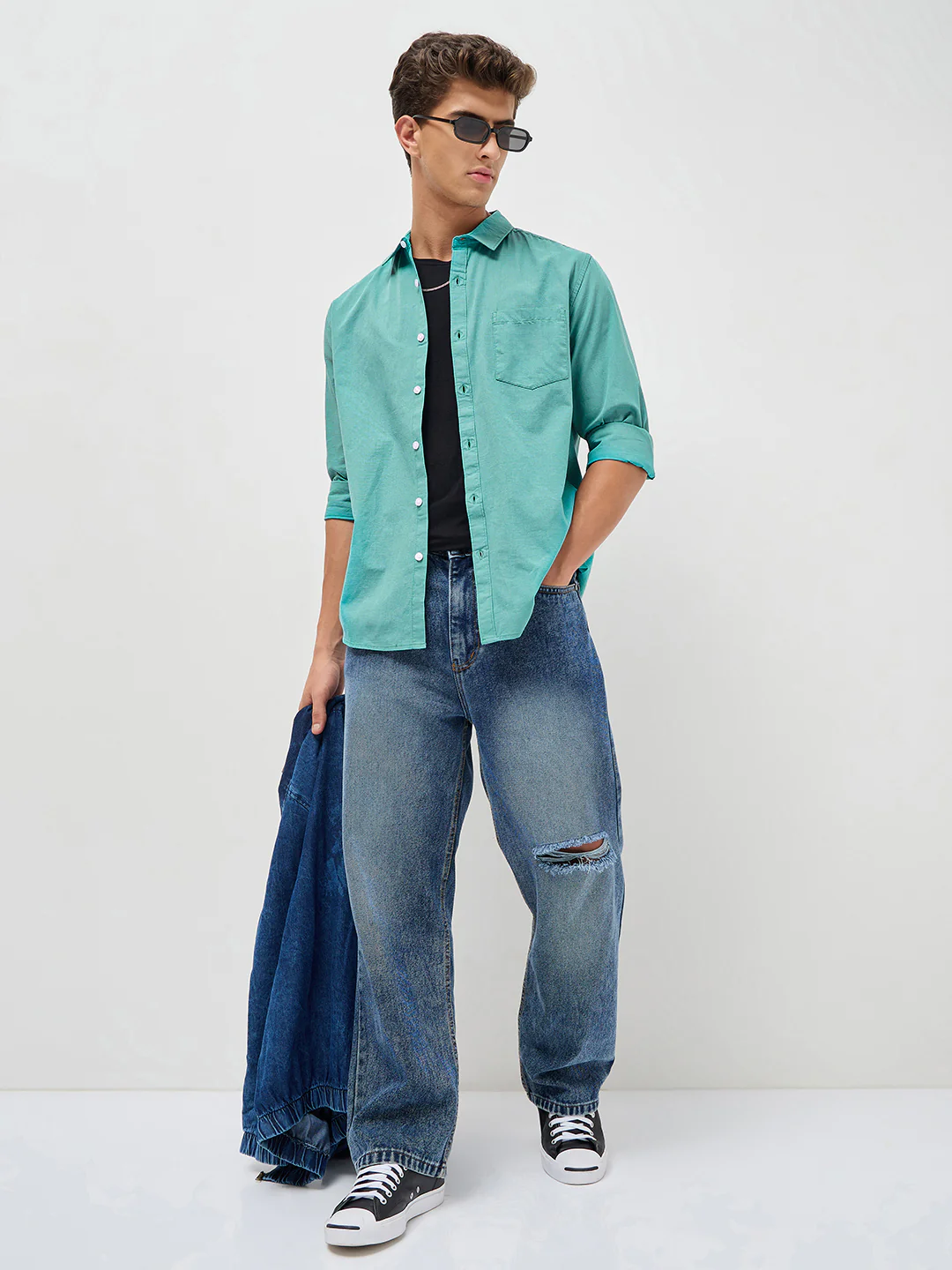 Men's Light Teal Cotton Full Sleeve Regular Fit Casual Solid Slub Shirt with Spread Collar - Image 4