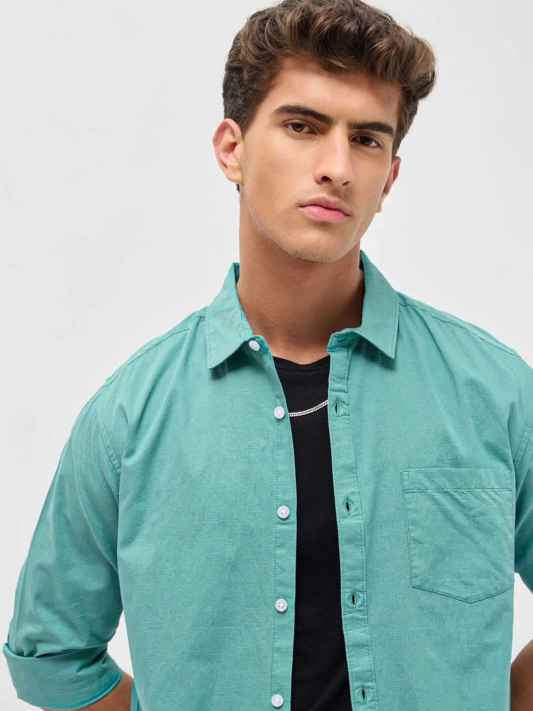 Men's Light Teal Cotton Full Sleeve Regular Fit Casual Solid Slub Shirt with Spread Collar - Image 5