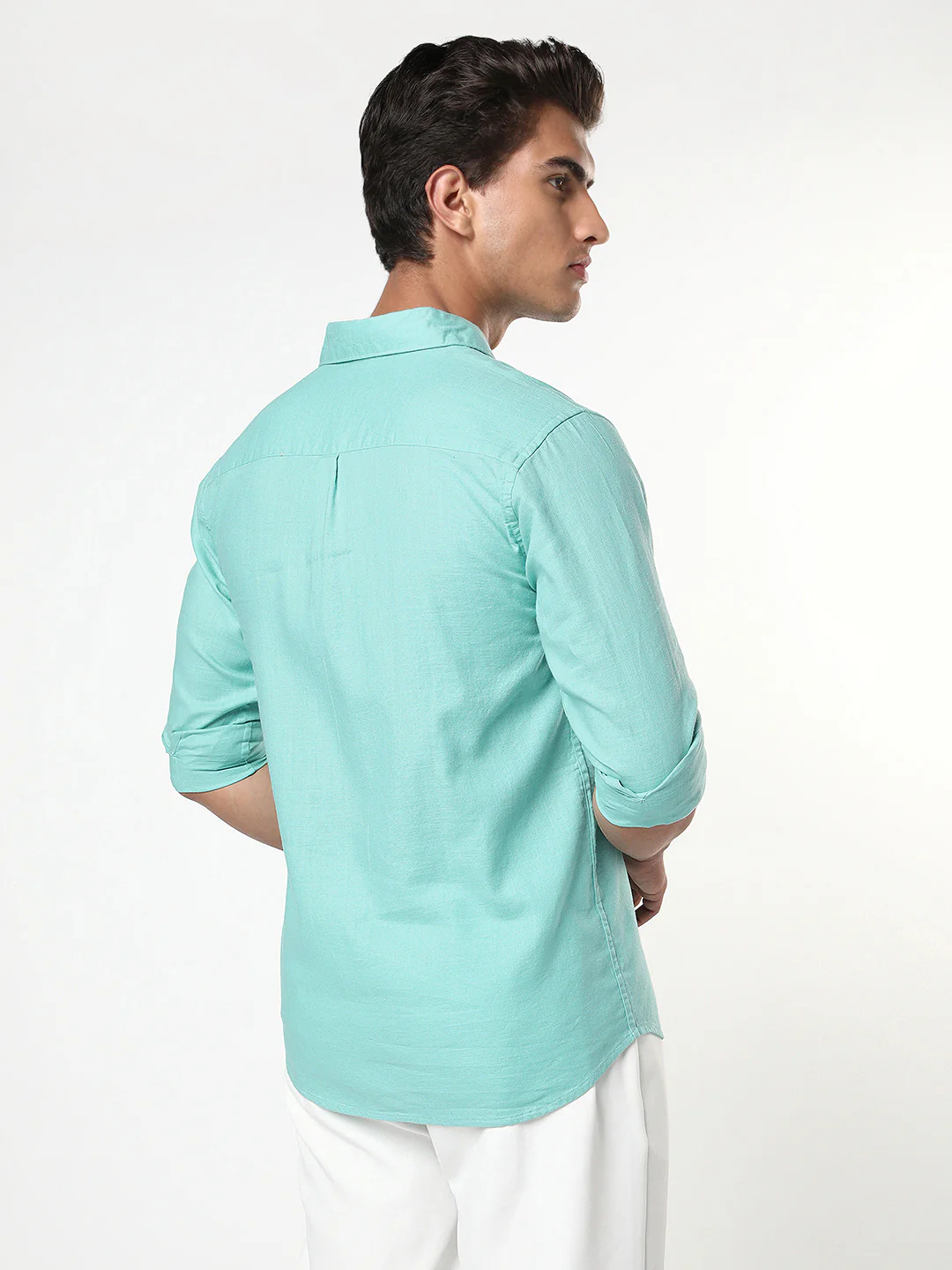 Men's Light Teal Linen Blend Full Sleeve Relaxed Fit Casual Solid Shirt - Image 3