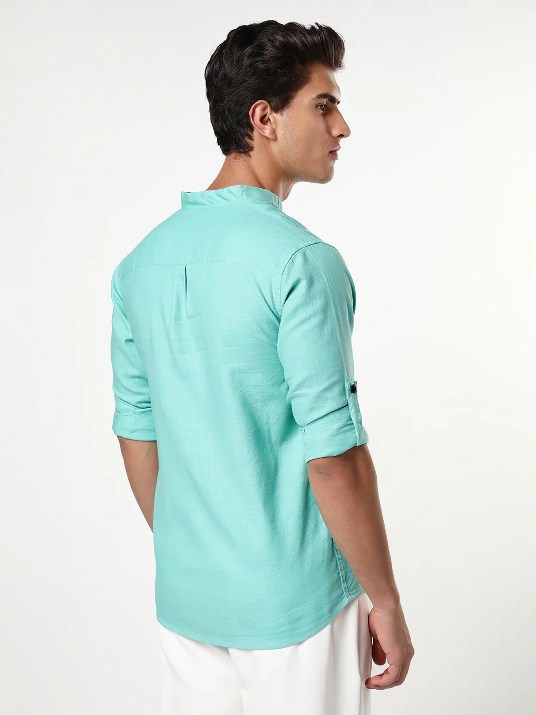 Men's Light Teal Linen Blend Full Sleeve Relaxed Fit Mandarin Collar Casual Solid Shirt - Image 3