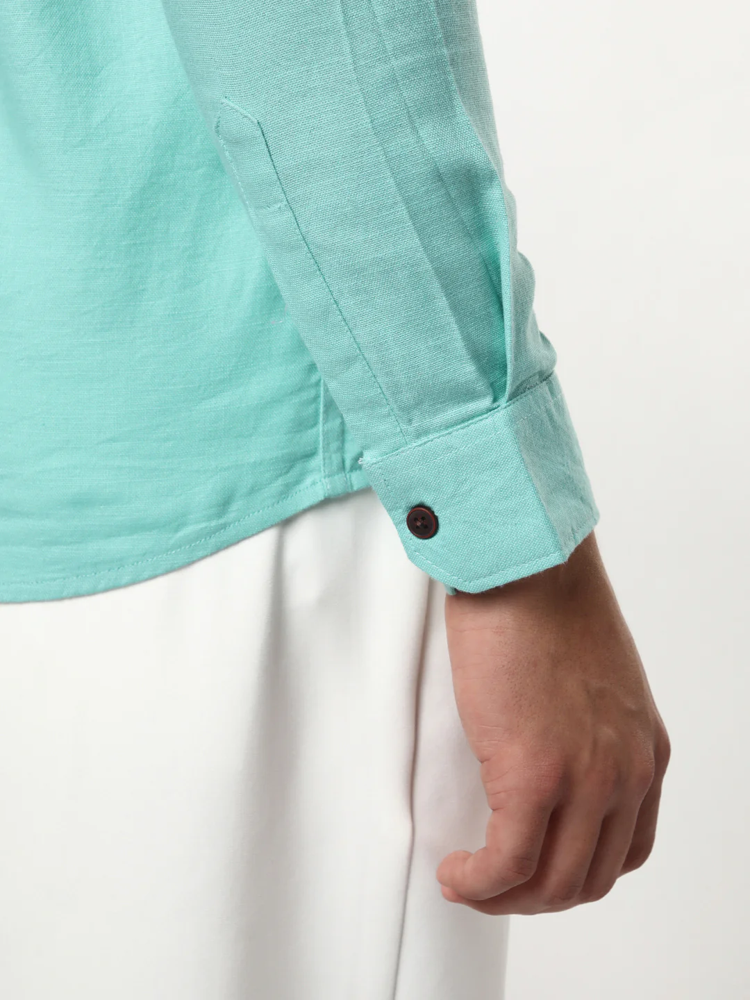 Men's Light Teal Linen Blend Full Sleeve Relaxed Fit Mandarin Collar Casual Solid Shirt - Image 5