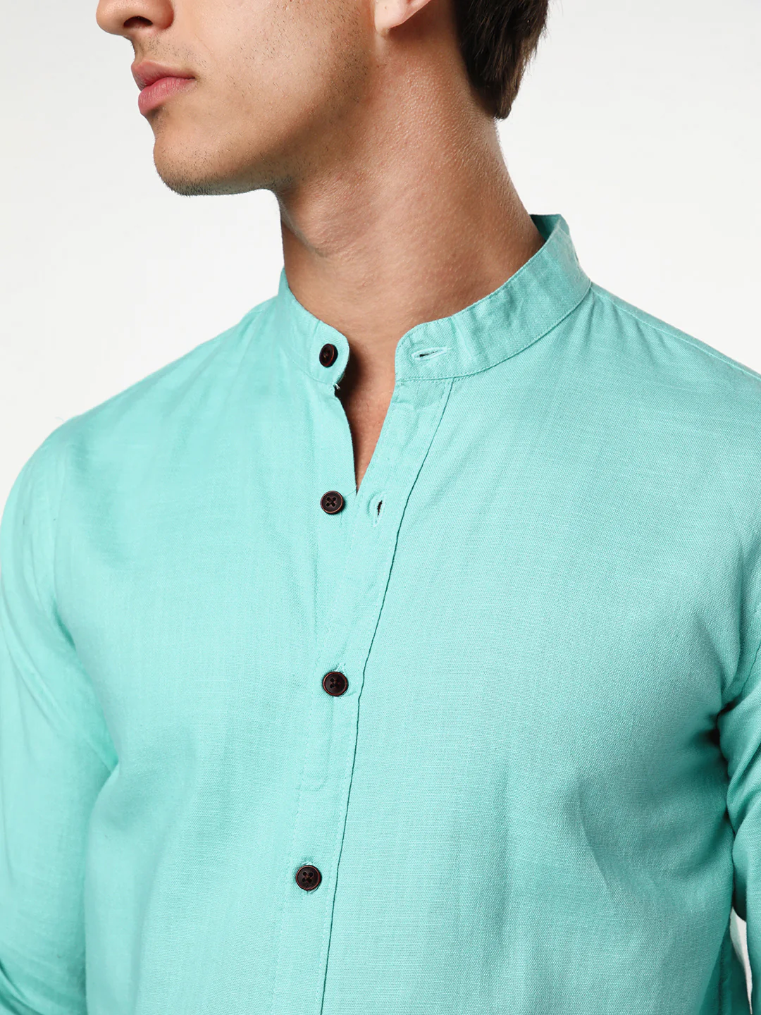 Men's Light Teal Linen Blend Full Sleeve Relaxed Fit Mandarin Collar Casual Solid Shirt - Image 6