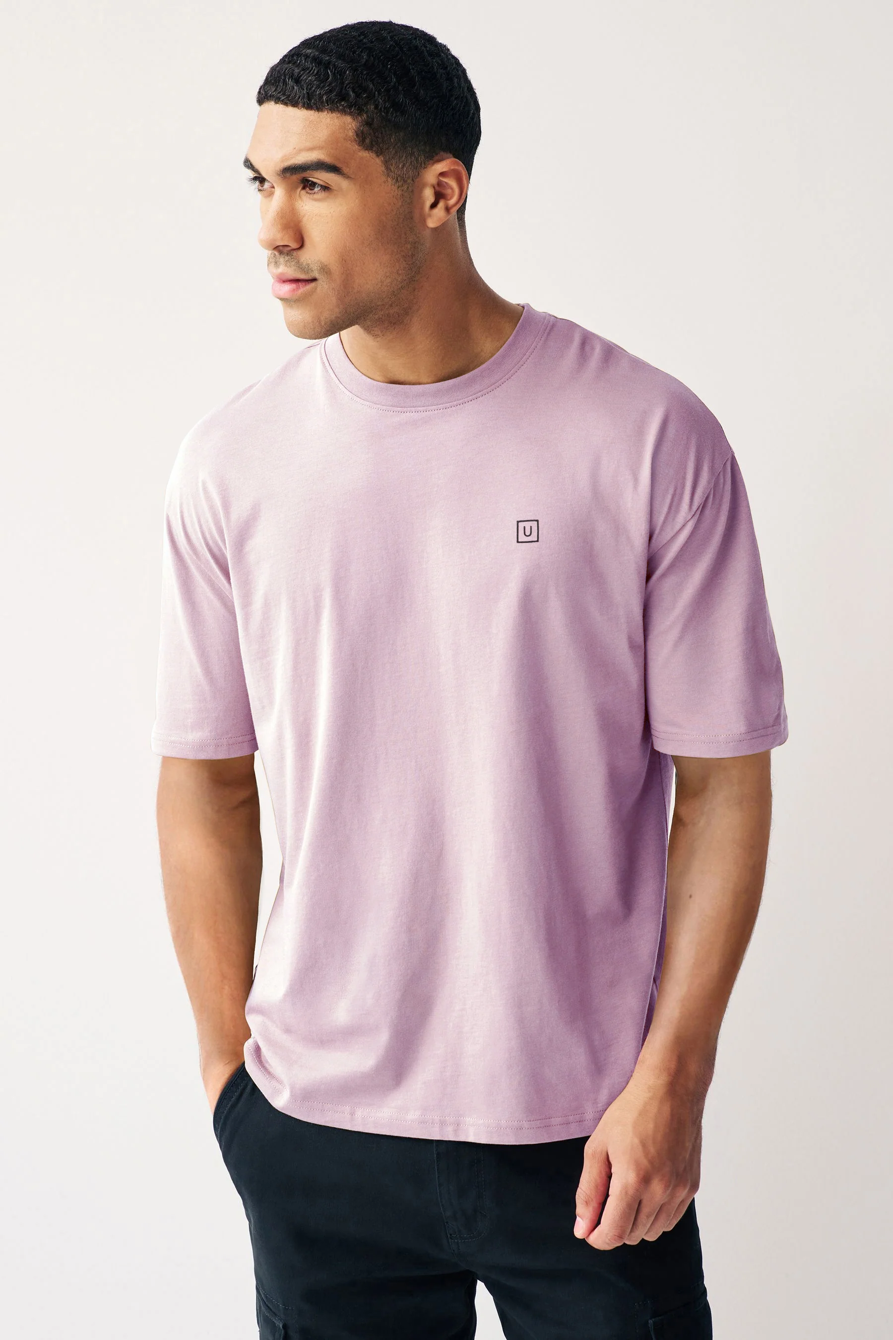 Men's Lilac Bloom Solid Round Neck Oversized Half Sleeve Cotton T-Shirt - Image 2