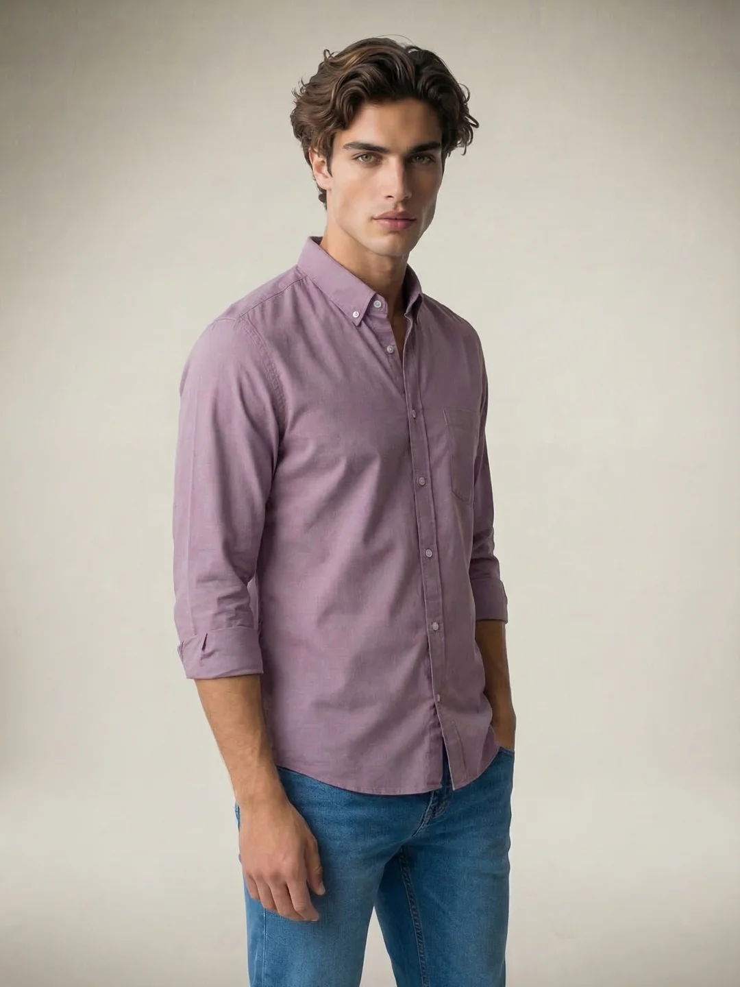Men's Lilac Cotton Full Sleeve Regular Fit Solid Oxford Shirt With Button-Down Collar - Image 2