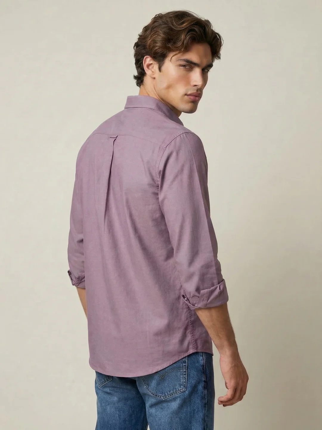 Men's Lilac Cotton Full Sleeve Regular Fit Solid Oxford Shirt With Button-Down Collar - Image 3