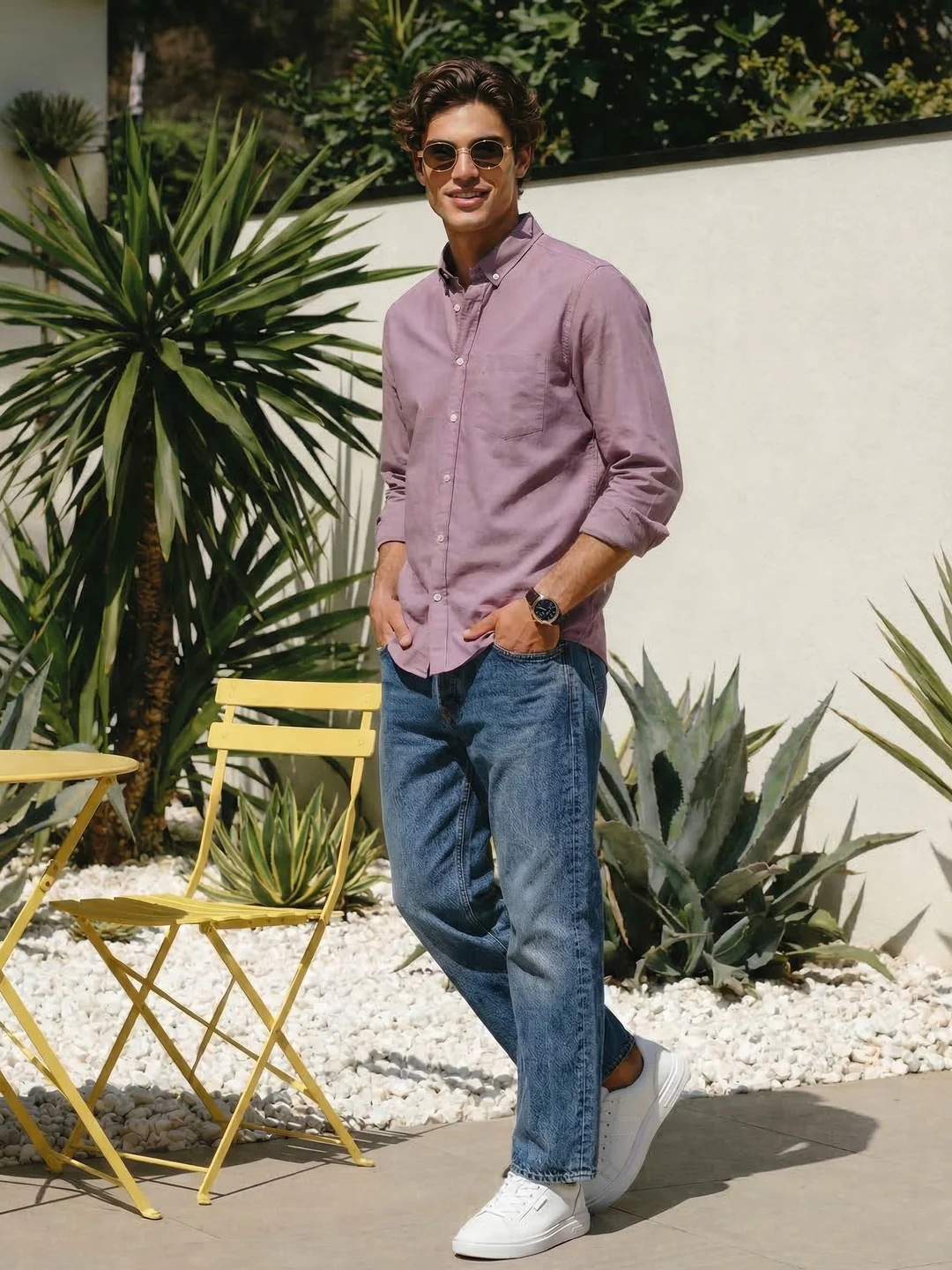 Men's Lilac Cotton Full Sleeve Regular Fit Solid Oxford Shirt With Button-Down Collar - Image 4