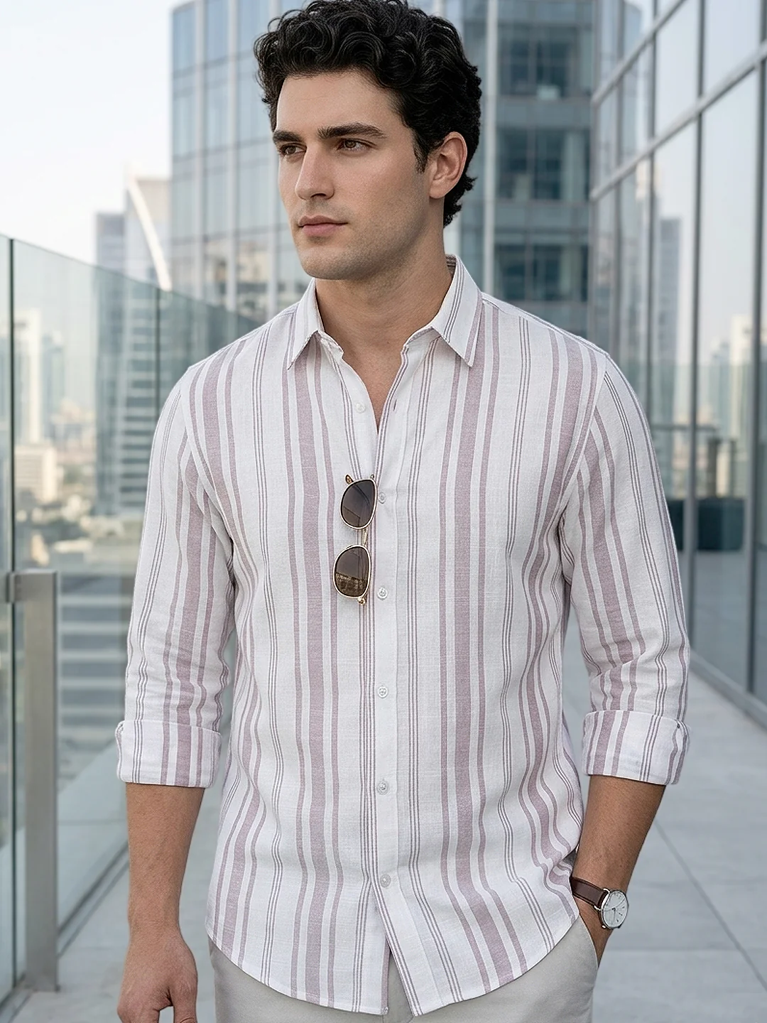 Men's Lilac Cotton Full Sleeve Relaxed Fit Linen Striped Shirt with Spread Collar