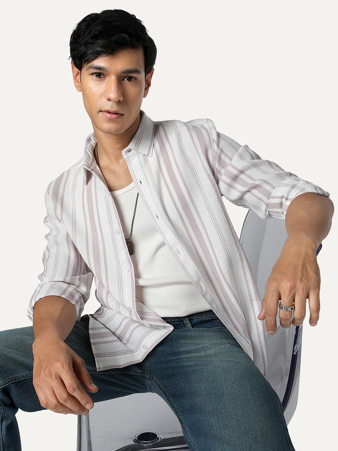 Men's Lilac Cotton Full Sleeve Relaxed Fit Linen Striped Shirt with Spread Collar - Image 2