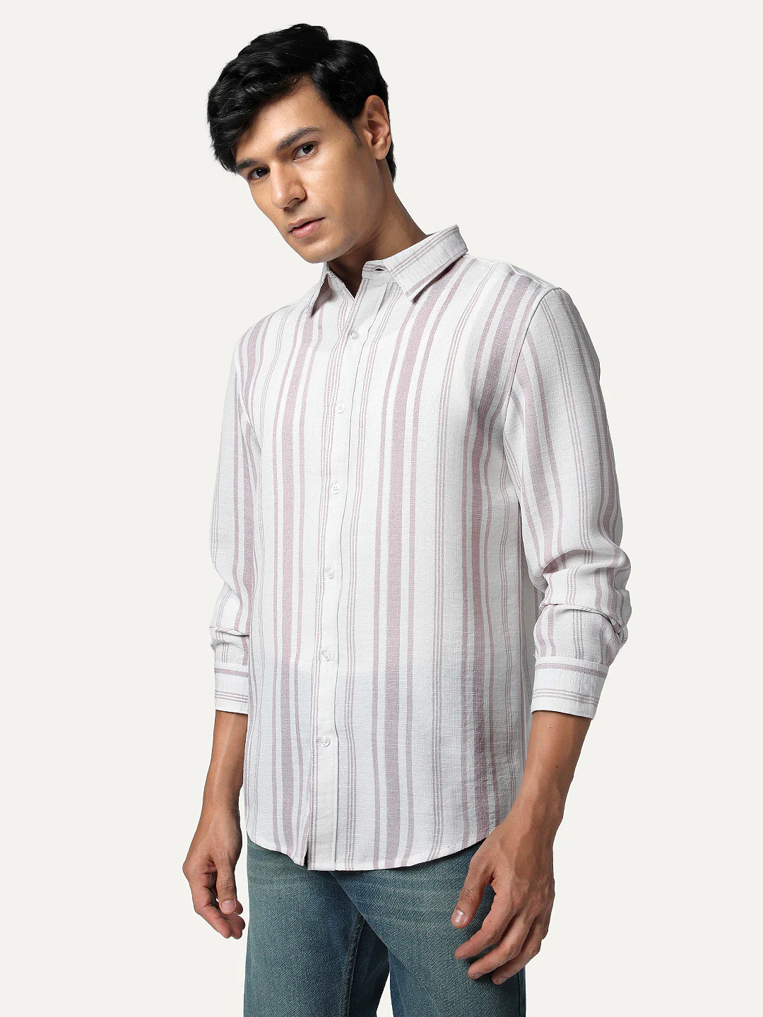 Men's Lilac Cotton Full Sleeve Relaxed Fit Linen Striped Shirt with Spread Collar - Image 3