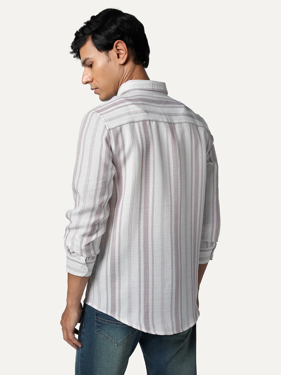 Men's Lilac Cotton Full Sleeve Relaxed Fit Linen Striped Shirt with Spread Collar - Image 4
